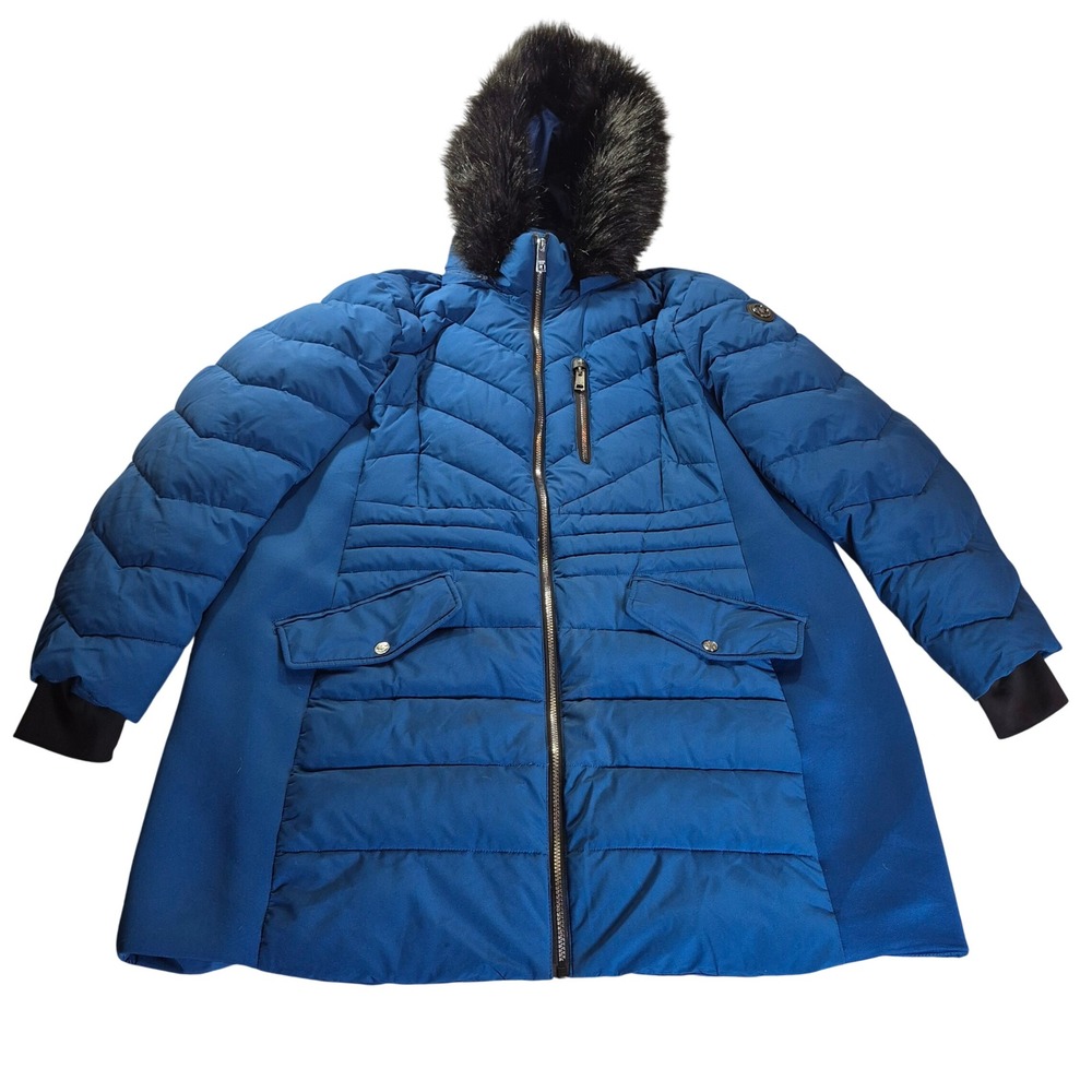 Michael Kors Puffer Coat 158850 Womens 3X Plus Size Blue Faux Fur Hood Winter